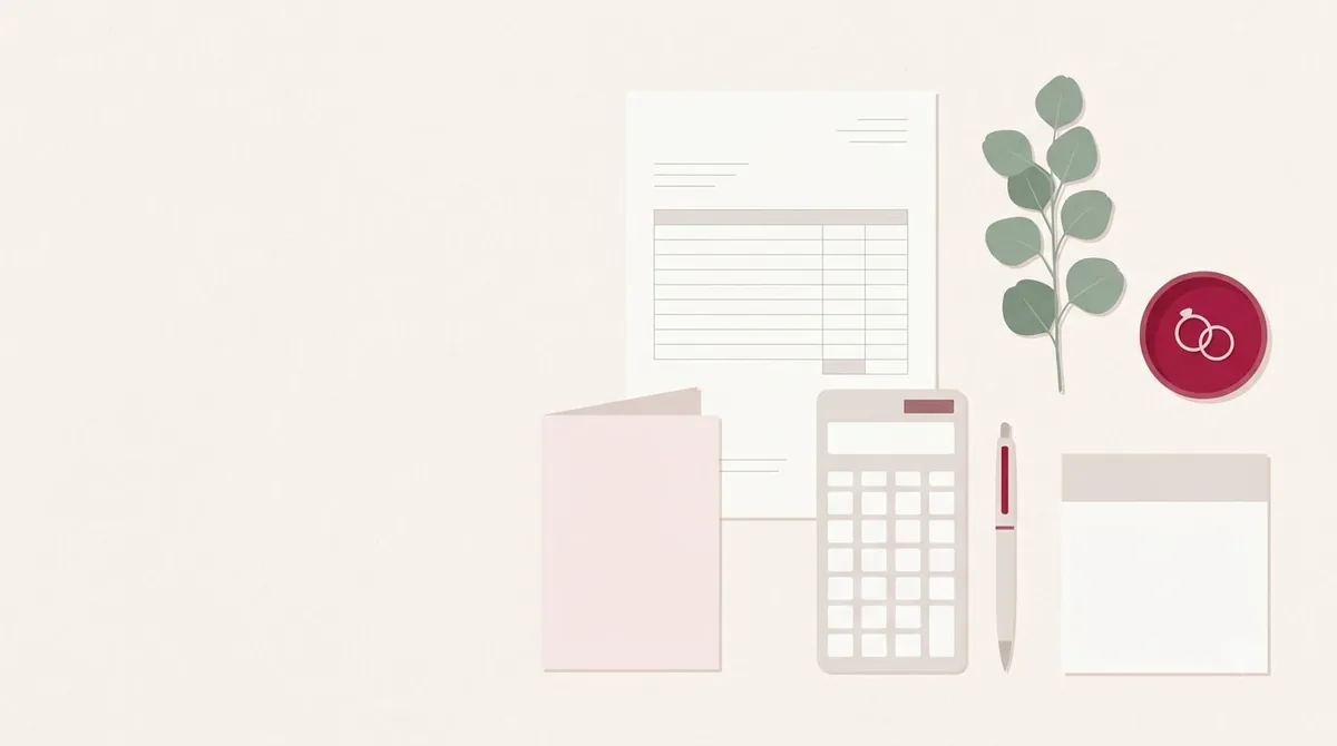 견적서와 계산기, 청첩장이 놓인 책상 일러스트
