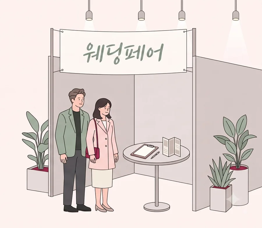 웨딩페어 현수막이 걸린 박람회 부스 앞에 서 있는 예비부부 일러스트